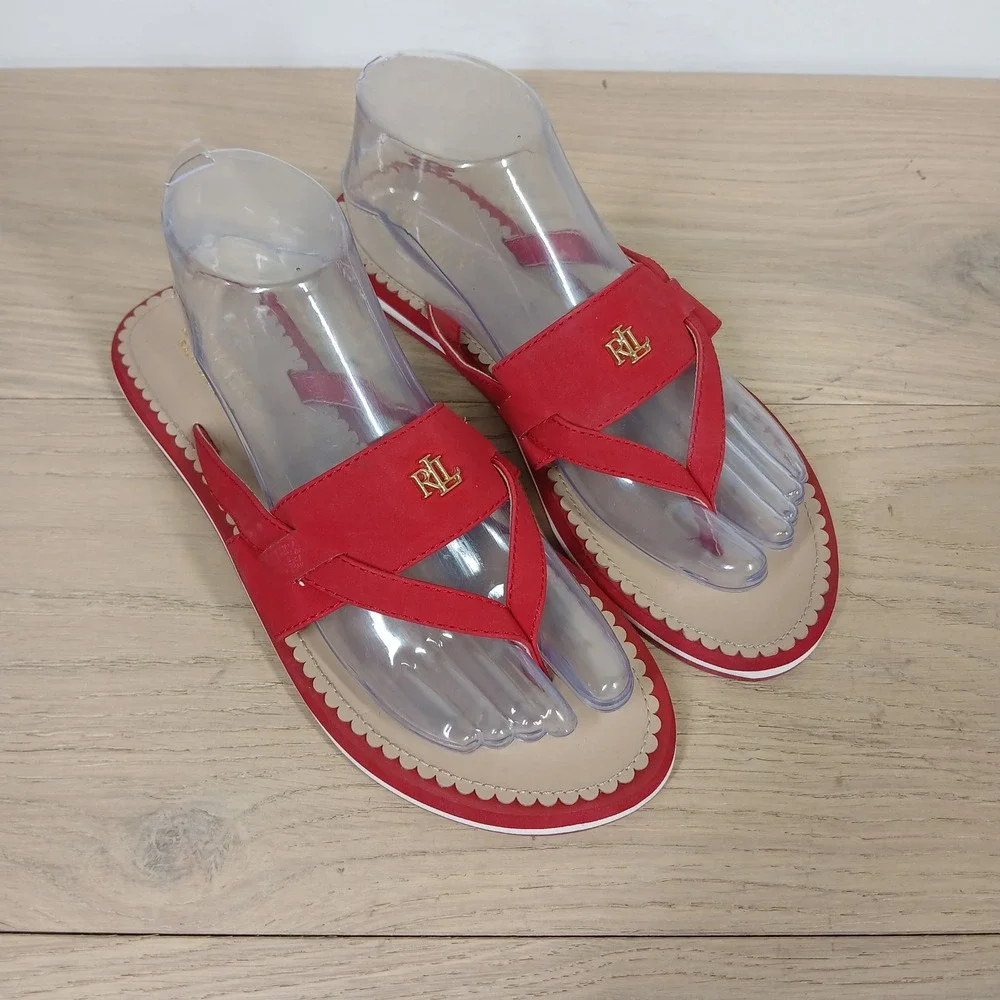 Lauren Ralph Lauren Sandals Womens 9B Red Leather Thong Comfort Casual
